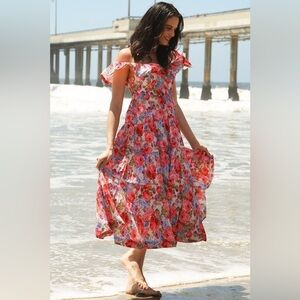 Beulah Tuckernuck Exclusive Rita Floral Pleated Formal Midi Dress Size L
